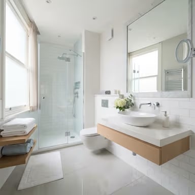 A gleaming bathroom with a streak-free mirror and glass shower