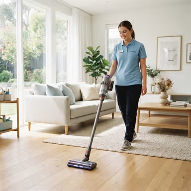 A cleaner vacuuming a bright living room