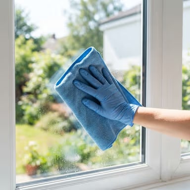A cleaner wiping a window to a streak-free shine